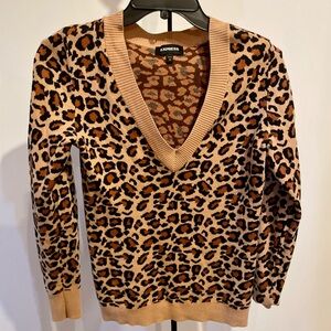 Express Animal Print V-Neck Sweater - Tan and Black Large